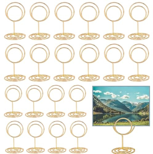 20Pcs Gold Table Number Holders, Circular Clip, Stable Upright Design | 2Inch Mini Heart Shaped Photo Holders for Tables, Reusable, for Wedding Party Restaurant Table identification Office Memo
