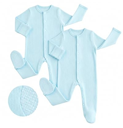 JiAmy Baby Sleepsuits 2 Pack Newborn Boy Girl Cotton Long Sleeve Footed Rompers Baby Grows Jumpsuits with Mitten Cuffs for 9-12 Months Blue