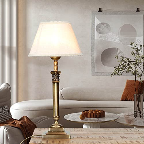 Licht-Erlebnisse Premium Tischlampe Messing, Stoff in Bronze glänzend Weiß Wohnzimmer 41,5 cm E14 blendarm Jugendstil Nachttischleuchte Schlafzimmer