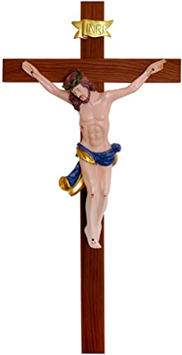 Kaltner Präsente Idea regalo – Crocifisso da parete in vero legno di faggio, croce di noce con Gesù Cristo in pietra artificiale dipinta a mano (altezza 50 cm)
