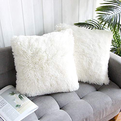 Uhomy Confezione da 2 federe per cuscino in morbido peluche bianco, 45,7 x 45,7 cm, lussuose federe quadrate in finta pelliccia per divano letto, con cerniera, 45 x 45 cm, decorazione per la casa