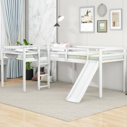 Harper & Bright Designs L-Shape Loft Beds with Slide and Ladder, Twin Loft Bed Frame Corner Loft Bed for 2 Kids, Wood Gray Loft Bed for Girls Boys Teens,Space-Saving,No Spring Box Needed, White