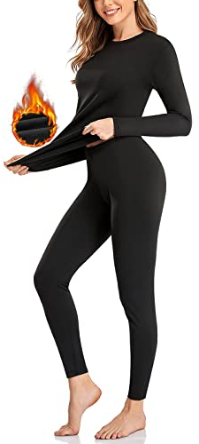 SIMIYA Damen Thermounterwäsche Set, Thermounterwäsche Damen Winter, Ultraleicht Unterteil und Oberteil lang Funktionsunterwäsche U Ausschnitt Skiunterwäsche für Winter Schwarz (M)