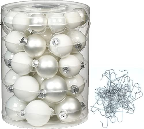Inge-Glas Weihnachtskugeln aus Glas | Kugeldose 44tlg 4, 5, 6 cm mit 50 Aufhänger-Haken | Christbaumkugeln (Just White | weiß)