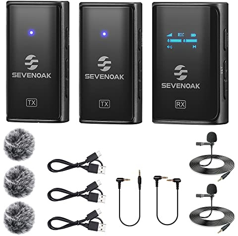 SevenOak Trådlöst Lavalier-mikrofonsystem med OLED, 2,4 GHz dubbel mikrofon bärbar trådlös med stereo/mono-kamera för kamera telefon Video RecordVlog Live Stream SKM-W4 K2 (2 TX+1 RX)