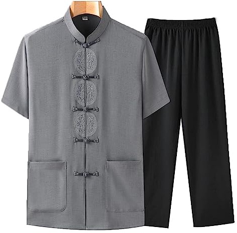 Abito cinese da kung fu, abito da tai chi, uniforme estiva sottile da uomo in cotone e lino, pantaloni da tuta, abbigliamento tradizionale cinese, camicia a maniche corte ricamata Fu, abiti for anzian
