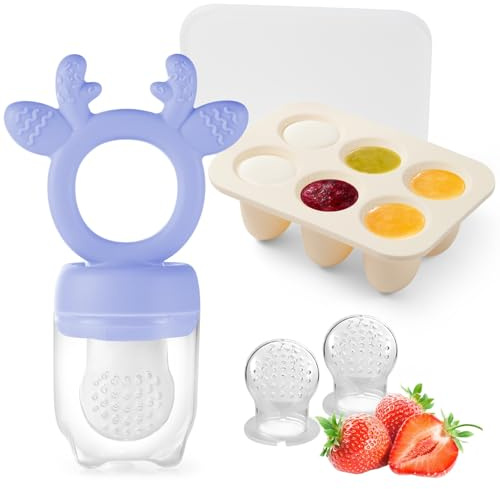 Powerwan Baby Fruit Food Feeder Teether with Popsicle Molds, Cute Teething Toys Silicone Teethers for Babies 3-12 Months for Baby Feeding Gift