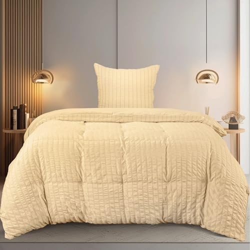 Utopia Bedding Seersucker Bettwäsche 135x200 Set - Mikrofaser Polyester Bettbezug 135x200 cm + 1 Kissenbezug 80x80 cm- Beige