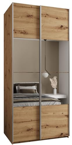 MEBLE KRYSPOL LUX 4 Schrank mit 2 Schiebetüren mit elegantem Spiegel in der Mitte der Front - Geräuschloses Schließen - System HETTICH Topline L - 245,5x110x64cm - Artisan, Artisan, Silber