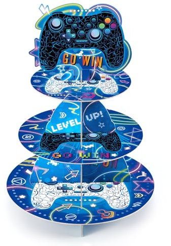 WERNNSAI Présentoir à Cupcakes de Jeux Vidéo - Décorations Fête Jeu Vidéo Support à Cupcakes en Carton 3 Niveaux Plateau Service Rond Tour à Desserts Fournitures Fête d'anniversaire Enfants Garçons