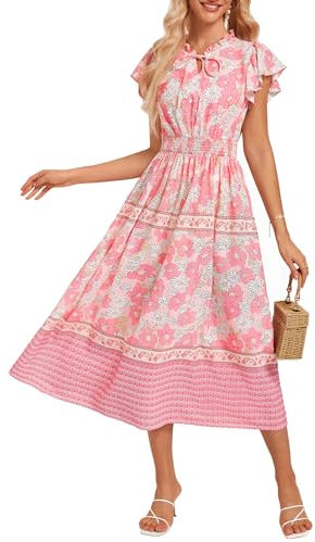 GRACE KARIN Women's 2025 Floral Summer Long Midi Dress V Neck Short Sleeve Boho Swing Dresses Pink Floral XXL