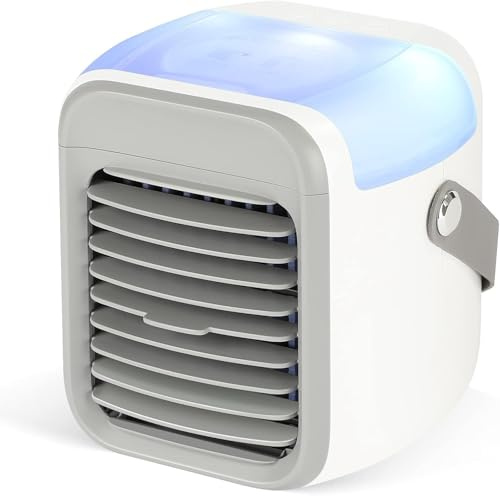 SHYOSUCCE Climatizzatore mobile, 4 in 1, mini Air Cooler, silenzioso, USB con serbatoio dell'acqua, manico portatile, 7 luci LED, 3 velocità per casa e ufficio (Vuoto)