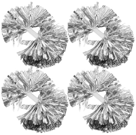 HONITANO Lot de 4 Pompons Métalliques Argentés pour Cheerleading, Grands Pompons Légers et Faciles à Saisir, Accessoires D’Encouragement pour Équipes Sportives Scolaires et
