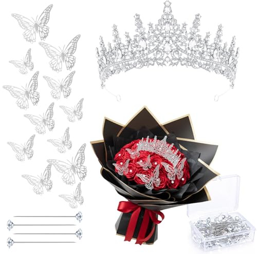 Accesorios para Ramo de Flores, 63 PCS Decoración de Coronas para Tartas (Plata)
