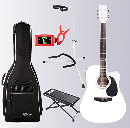 Classic Cantabile WS-10WH-CE Westerngitarre Set - Dreadnought-Style mit Tonabnehmer - Korpus: Linde laminiert - inkl. Tasche, Gitarrenständer, Fußbank und Stimmgerät - weiß