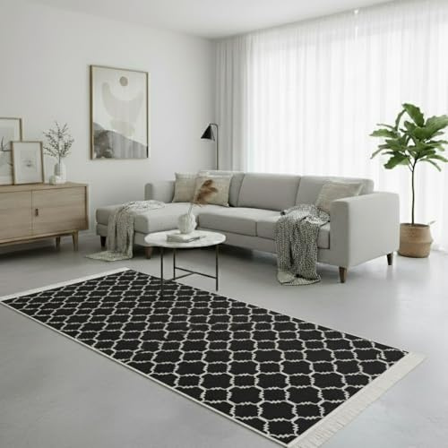 Jimri Teppich Läufer - Tepiche für Wohnzimmer, Schlafzimmer, Küche, Kinderzimmer, Badezimmer - Boho Kelim - Läufer Flur, Schwarz-Creme, Größe: 80x150 cm