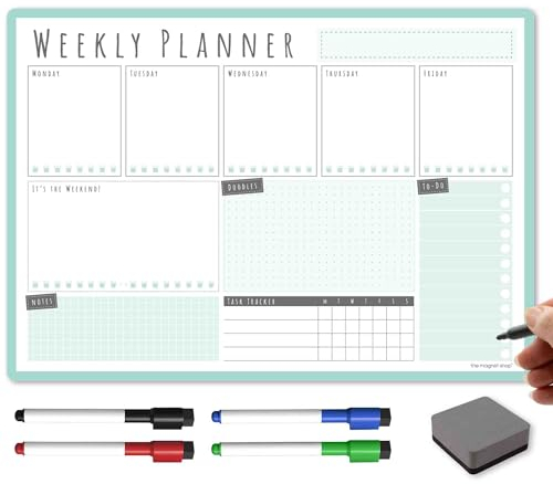 TMS A3 Weekly Planner Whiteboard | Magnetic Calendar for Fridge and Dry Wipe Pens | Meal or Family Planner for Kitchen (Mint, A3-Weekly)