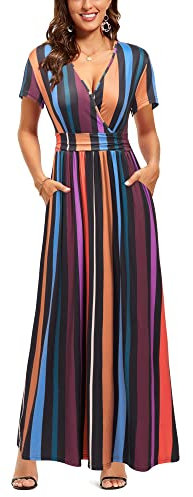 OUGES Sommerkleid Damen Kurzarm V-Ausschnitt Kleider Casual Boho Kleid Maxikleid mit Taschen Partykleid(Floral-41, L)