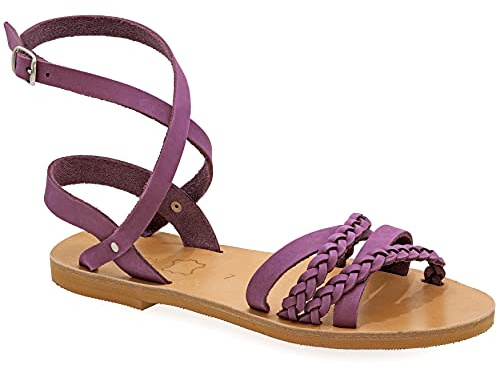 Emmanuela Sandalias de estilo griego antiguo con correa ajustable con hebilla, hechas a mano, sandalias planas de piel con puntera abierta, zapatos de verano para mujer, Púrpura/Ombre Force., 36 EU
