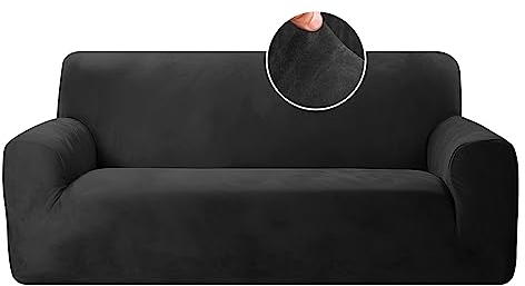 NAKIHOUSE Dicke Samt Sofa Überwürfe Sofabezug mit einem Kissenbezug, Superweicher Elastische Sofa Abdeckung in Schwarz Farbe für 1/2/3/4 Sitzer(L-förmiges Ecksofa erfordert Zwei)