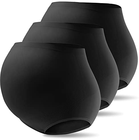 Mama Cotton Women's Over Bump Maternity Knicker High Waist Seamless Pregnancy Briefs Panties (Black-C 3 Pack, Size-L)