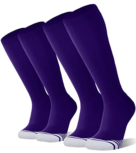 FITRELL 2 Pack Baseball Soccer Softball Socks for Kids Youth Men & Women Over-the-Calf Knee High Socks Sports Tube, nfl, Purple, Medium