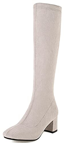 Bviennic Donna Square Toe Inverno Warm Knee Stivali Stretch Largo Fit Soft Suede Tacco A Blocco Stivali Equitazione Beige Numero 36 Eu