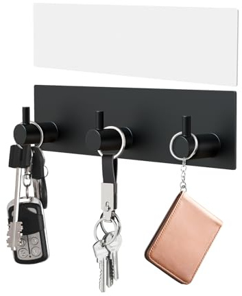VIS'V Key Holder Wall Mount, Small Metal Self Adhesive Key Hanger with 3 Hooks, No Drilling, Extra Adhesive Strip, Black