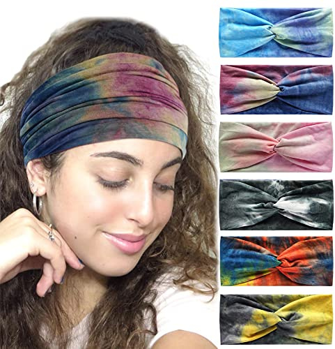 6Pcs Bandana Headbands for Women Wide Wavy Headscarf Boho Head Scarfs Wraps Turban Fabric Elastic Headband Yoga Hairbands Sport Running Headscarves (Splicing)