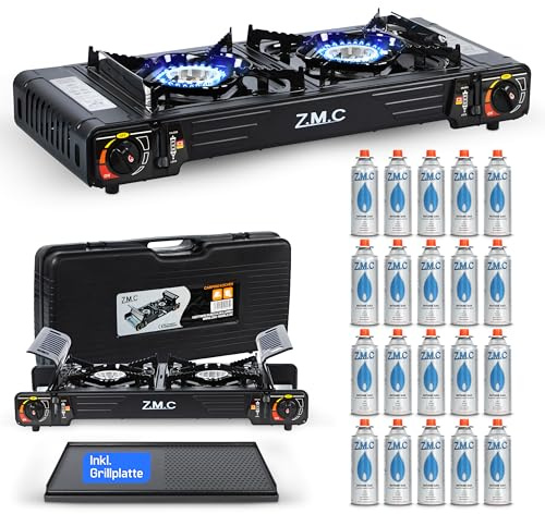 Z.M.C Premium camping gasspis 2 lampor grillplatta 20 gaspatroner 227 g, campingspis med transportväska för utomhus och inomhus, balkong spis dubbelgasspis med piezo-tändning