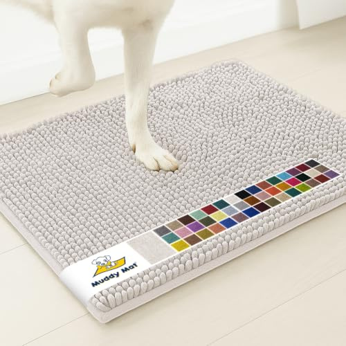Muddy Mat® visas på TV – superabsorberande hunddörrmatta av mikrofiber för leriga tassar, halkfri tvättbar husdjursmatta, snabbtorkande chenille entrématta, maskintvättbar inomhus utomhusmatta, vit 71