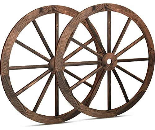 Qunclay 2 Pcs Wagon Wheel Decor Wooden Western Cowboy Party Decorations Vintage Rustic Wagon Wheel Wood Cartwheel Decor for Bar Garage Indoor Outdoor (Brown,18 Inch)