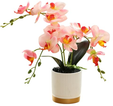 Orquídea Artificial Naranja de Tres Puntas en Maceta Dorada Flor Decorativa Phalaenopsis Amarilla Flor Mariposa Blanca de Imitación (Rosa)