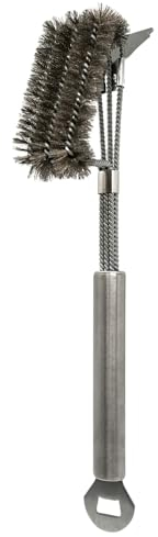 BABOSSA 3-in-1 Grillbürste Edelstahl – Multifunktionales Grillzubehör mit robusten Edelstahl Borsten, Schaber und Flaschenöffner – Für die einfache Reinigung von Planchas und Grillplatten