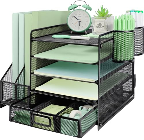 PLSOPPKG 5 Tier Paper Letter Tray with File Holder, Metal Mesh Desk File Organiser with Drawer and 2 Pen Holder, Multifunctional Magazine Document Holder for Home Office