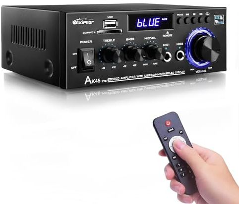 AK45 Pro Stereo Amplifier Home Audio, Stereo Receivers with Bluetooth 5.0,Max 400W, 2.0 Channel Audio Receiver for Home Theater Speakers w/USB/SD/RCA/2 MIC in for Karaok
