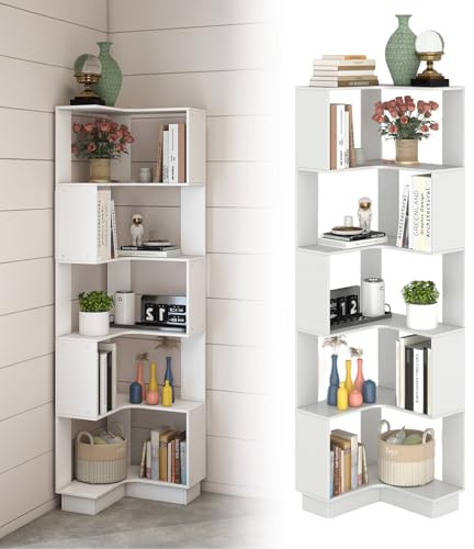 Libreria angolare 90°, legno, 175 cm, bianco, per camera da letto, studio, soggiorno, ufficio