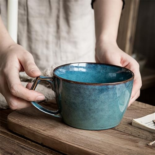 Treer Large Ceramic Coffee Cup Vintage Blue Mug with Handle 22 oz/650 ml Soup Bowl Cereal Breakfast Bowl Tea Cup Suitable for Milk Desserts, Oatmeal, Microwave Safe (Blue,650ml)