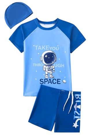 Hotfiary Jungen Schwimmen Kostüm,Große Kinder Badehose & Kurzärmeliges Rash Guard Shirt & Badekappe, Zweiteiliger Badeanzug T-Shirt Short Set, Sommer Badeanzug Bademode für 8 9 10 11 12 13 14 15 Jahre