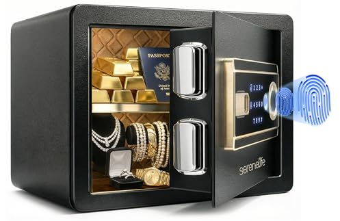 SereneLife Cassaforte, Cassaforte Piccola 39 x 25 x 25 cm con Accesso Impronta Digitale, Cassetta di Sicurezza Elettronica per Casa, Ufficio, Tastiera Touchscreen e 4 Chiavi