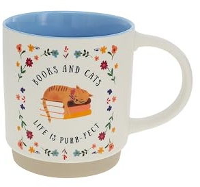 Pavilion Gift Company - Books & Cats - 18 oz Coffee Tea Mug Cat Kitten Feline Cat Lover Cat Parent Cat Mom Cat Dad Books Reading Reader Book Lover Kitchenware Drinkware
