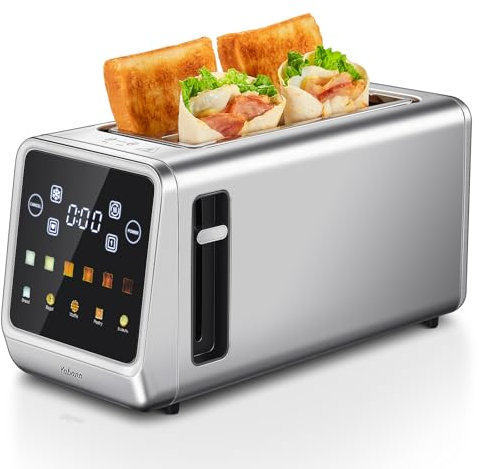 Tostadora de ranura larga de acero inoxidable con pantalla táctil inteligente y función de memoria, Tostadora 2 rebanadas con 6 niveles de tostado, 5 tipos de pan, descongelar y recalentar, tecnología