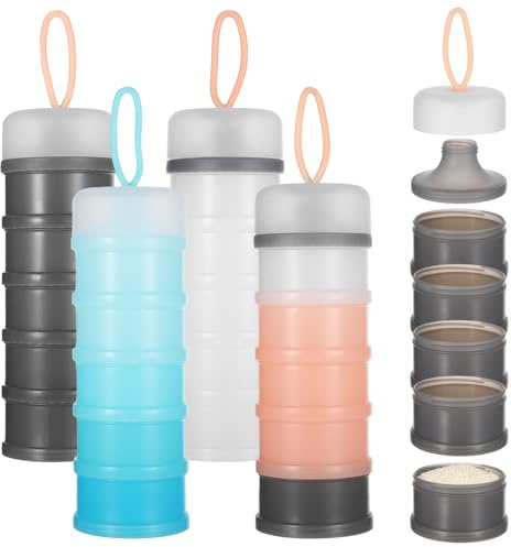 4 Pcs Protein Powder Travel Container, 5 Layers Stackable Formula Container to Go Portable Protein Powder Dispenser with Funnels Stand Supplement Storage Holder for Workout, Fitness, Travel