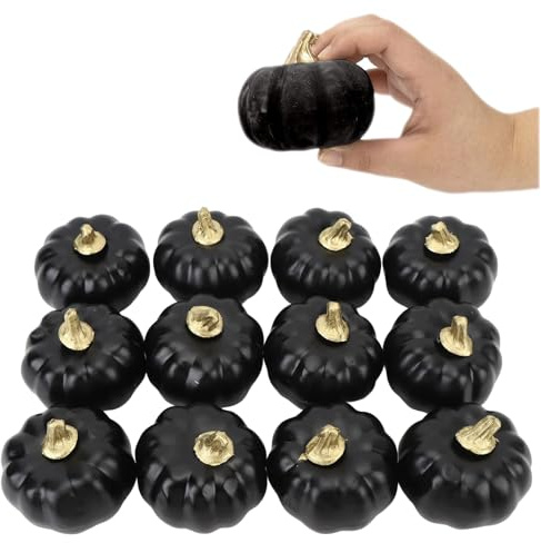 Jiavlyx 12 stycken svarta pumpa-höstdekorationer, 7,5 x 6,5 cm minipumpor dekoration, konstgjorda pumpor skum, delad konstgjord pumpa, för halloween tacksägelsebord dekorera