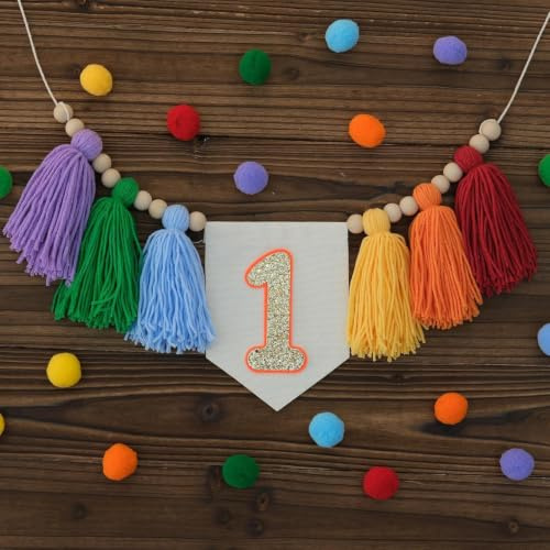 Birthday Boy Half Birthday Decorations High Chair Banner, 6 Month Tassel Wood Bead Highchair Garland Blue (Rainbow)