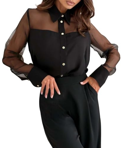 Générique 2025 Élégante Chemise Femme Uni Manches Longues Mousseline Patchwork avec Col Chemise Stylée Pour Toutes les Femmes Élégantes, Noir , L