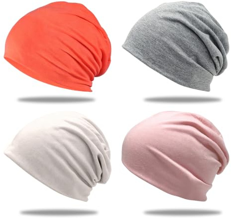 Piacolnic 4 Piezas Gorro de Quimioterapia, Rosa Beige Naranja y Gris Claro Gorro de Quimio y Gorros de Algodón, Gorros Fino para Mujer para Dormir Yoga Correr y Uso Diario