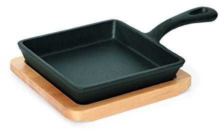 Paper24 Sartén de hierro fundido, con posavasos de madera, no apto para lavavajillas, muy resistente, gran retención de calor, ideal para servir/14 X 14 Cm