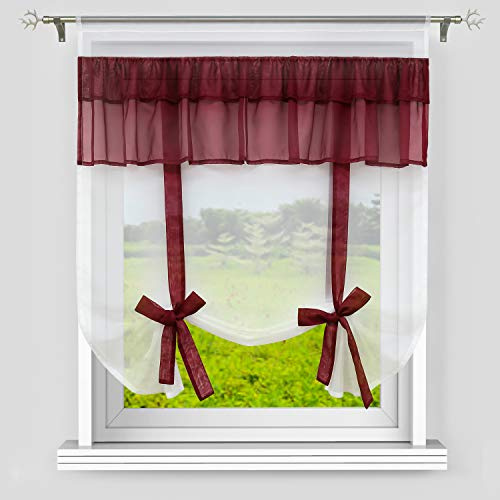 Heichkell Voile Halbtransparent Raffrollo Raffgardine mit Tunnelzug Doppelte Spitze Scheibengardine Raffung durch Bändchen Rot B×H 60×140cm