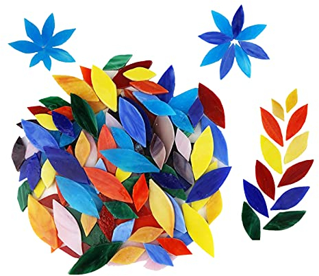Colcolo 100 Pieces Petal Mosaic Tiles, Hand-Cut Stained Glass Flower Leaves Tiles for Crafts, Assorted Size & Colors